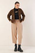 9117 Kruvaze Yaka Crop Ceket - Kahverengi resmi